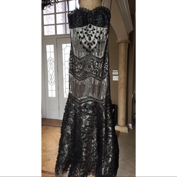 Art Deco Dresses & Skirts - Art Deco Black Tulle over Gold Satin Mermaid Gown